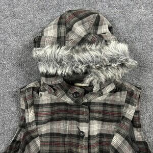 Sonoma Vest Womens XL Gray Plaid Faux Fur Trim Hood Button Front Quilted Lining